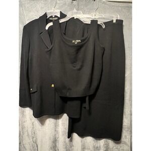 St John Basics Black Knit 3pc Skirt Suit Set Jacket Tank Skirt Womens 14 Santa